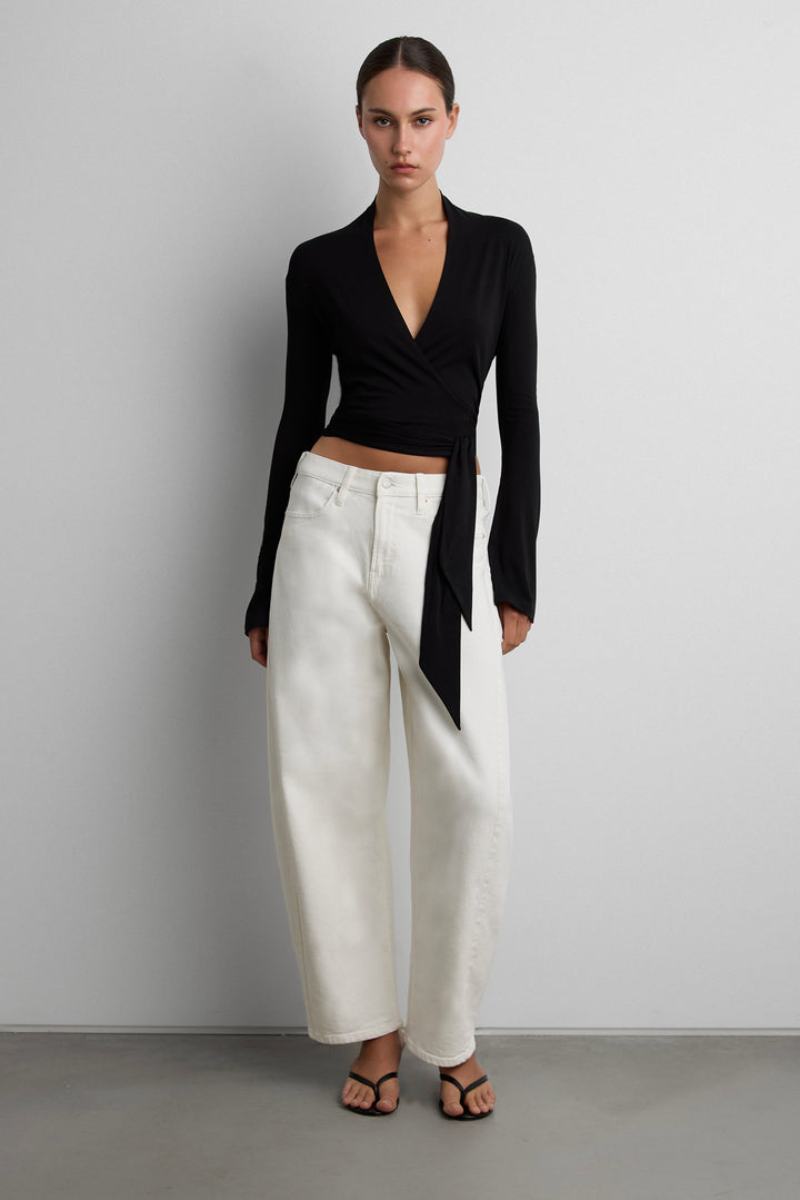 COTTON MODAL CROPPED WRAP TOP in Black — alternate angle