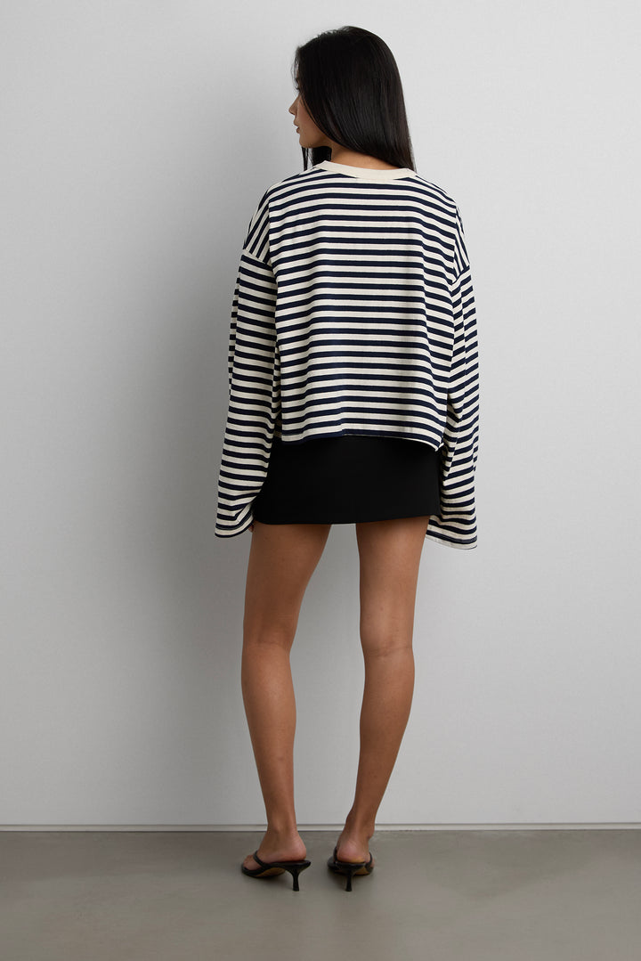 CROPPED STRIPED LONG SLEEVE TSHIRT in Navy Stripe — alternate angle