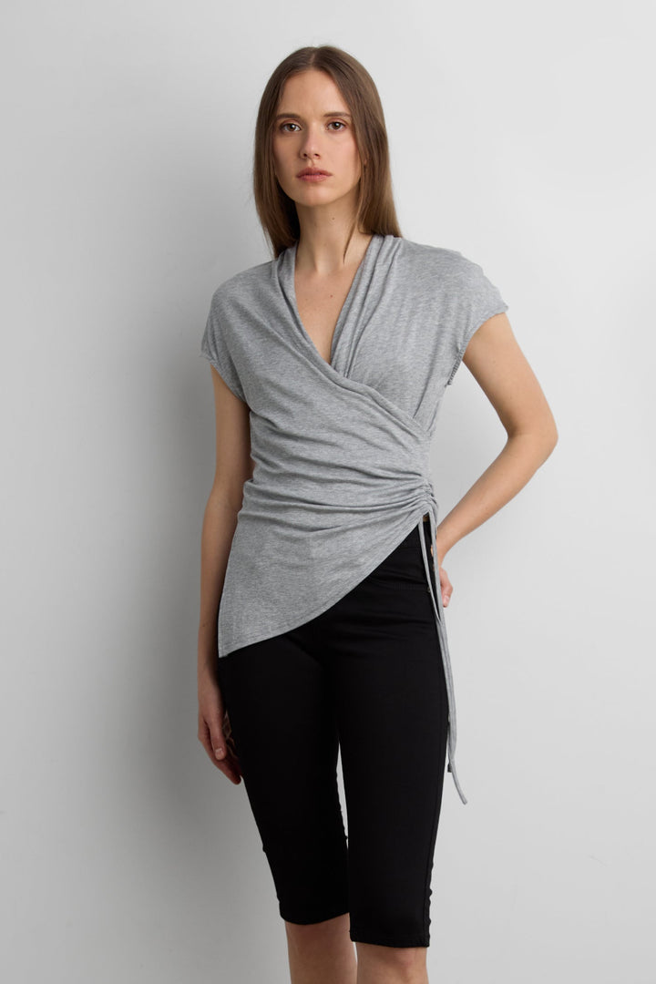 FITTED CROSS FRONT SHIRRED TOP in MEDIUM GREY — alternate angle