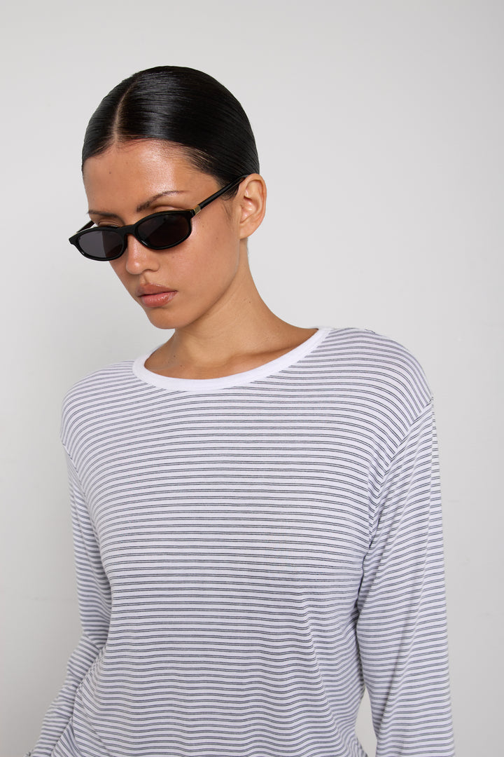 STRIPED DROP SHOULDER TOP WITH CONTRAST NECK in Ivory — alternate angle