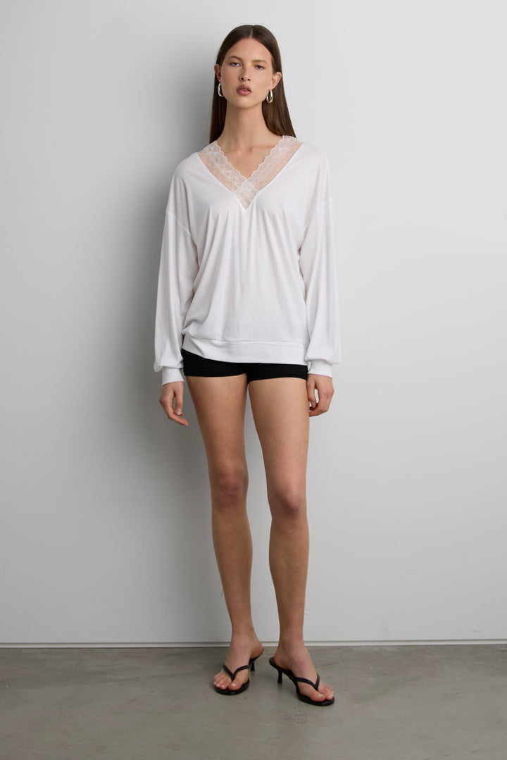 LACE TRIM V-NECK SLOUCHY TOP in Ivory — alternate angle