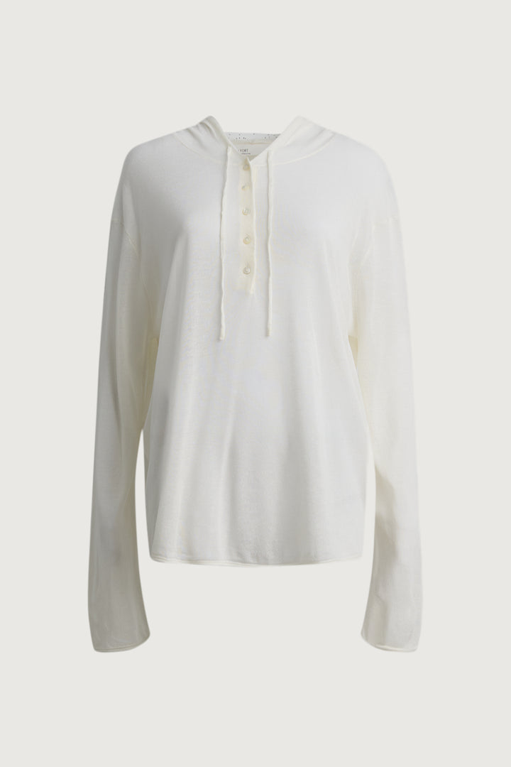 SHEER LINEN BLEND HOODIE WITH BUTTON FRONT in Light Oatmeal — alternate angle