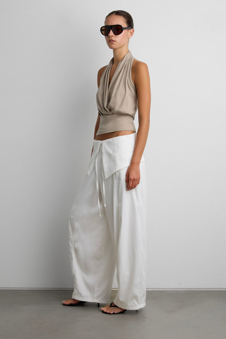 DRAPED HALTER NECK TOP WITH SNAP BUTTON DETAIL in Beige — alternate angle
