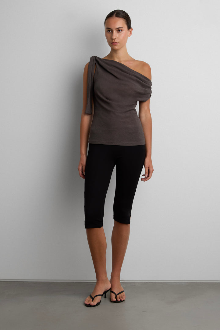 ASYMMETRICAL SHIRRED OFF-SHOULDER TOP in Charcoal — alternate angle