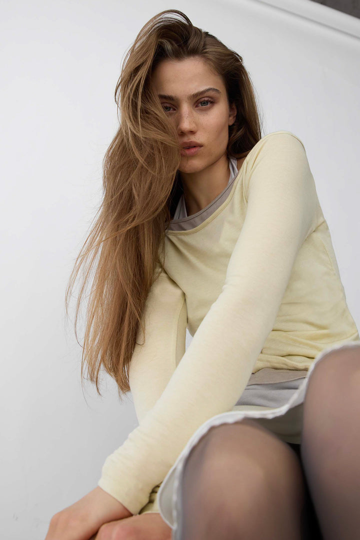SHIRRED CONTRAST LAYER TOP in Light Blue — alternate angle