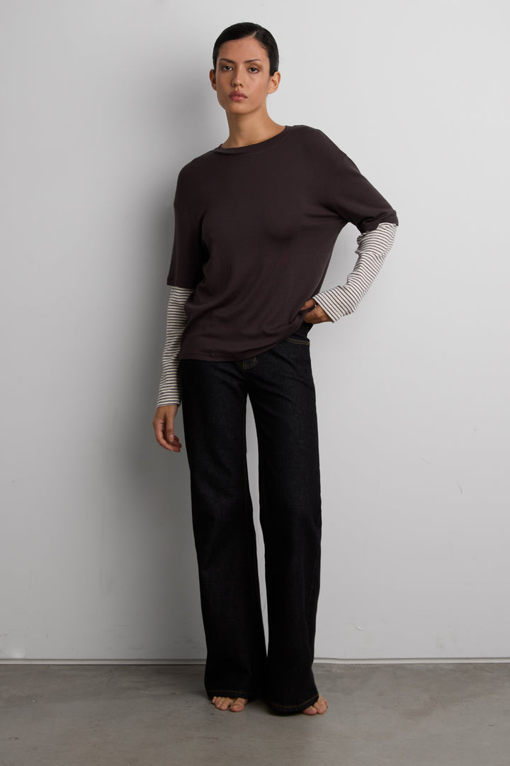 STRIPED LONG SLEEVE KNIT TOP in Charcoal — alternate angle