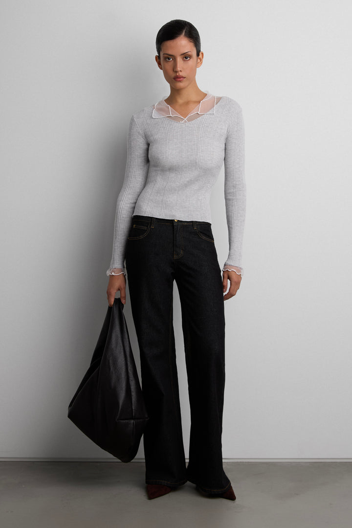 SHEER COLLAR KNIT TOP in Gray — alternate angle