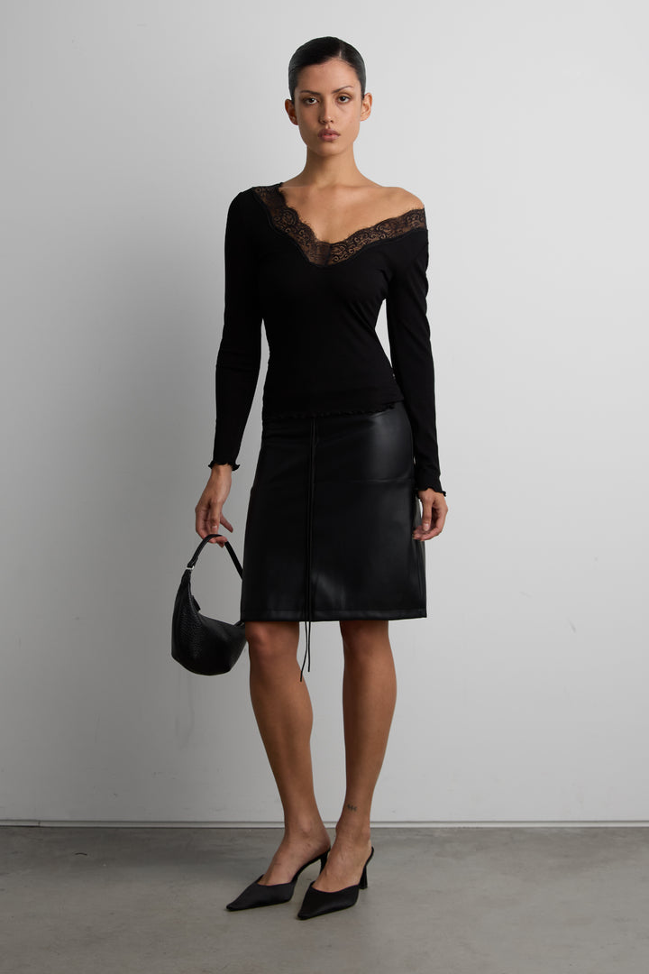 V-NECK LACE DETAIL TOP in Black — alternate angle