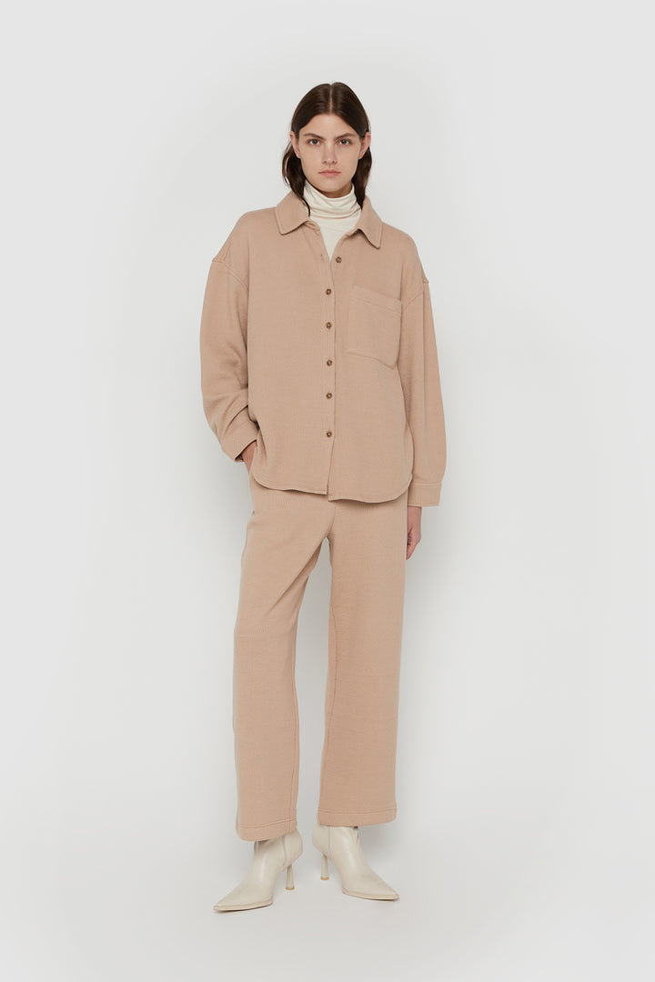 RIB-KNIT BUTTON UP in Light Warm Tan — alternate angle