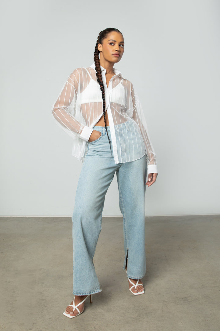 COLLARED MESH BLOUSE in White — alternate angle