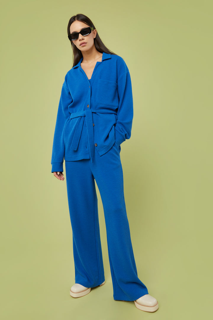 RIB-KNIT BUTTON UP TOP in Classic Blue — alternate angle