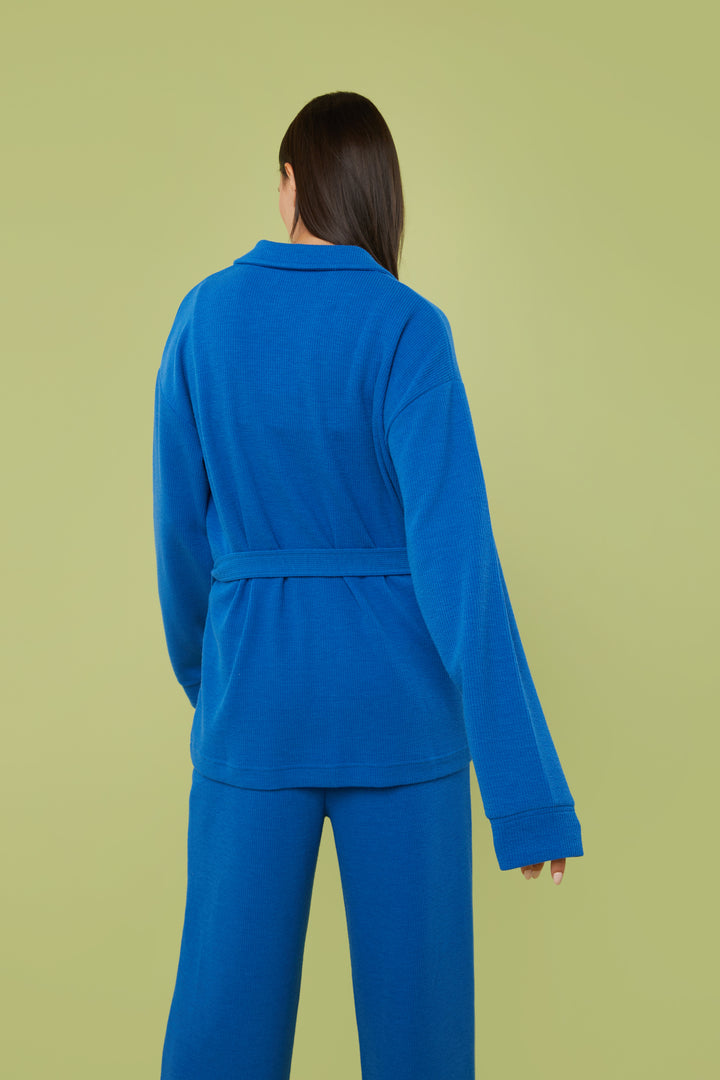 RIB-KNIT BUTTON UP TOP in Classic Blue — alternate angle