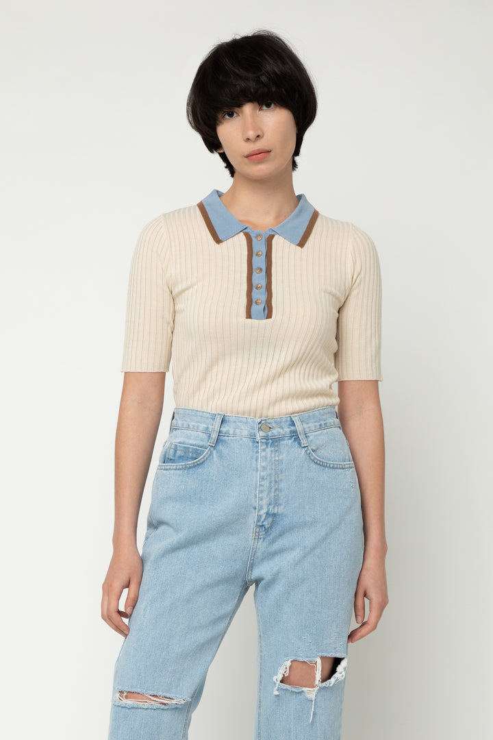 RIBBED COLLARED TOP in Cream — alternate angle