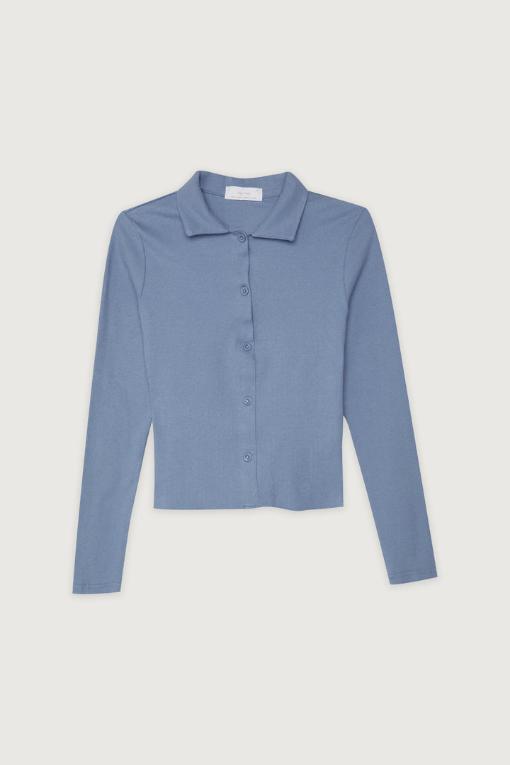 COLLARED BUTTON FRONT TOP in Blue — alternate angle