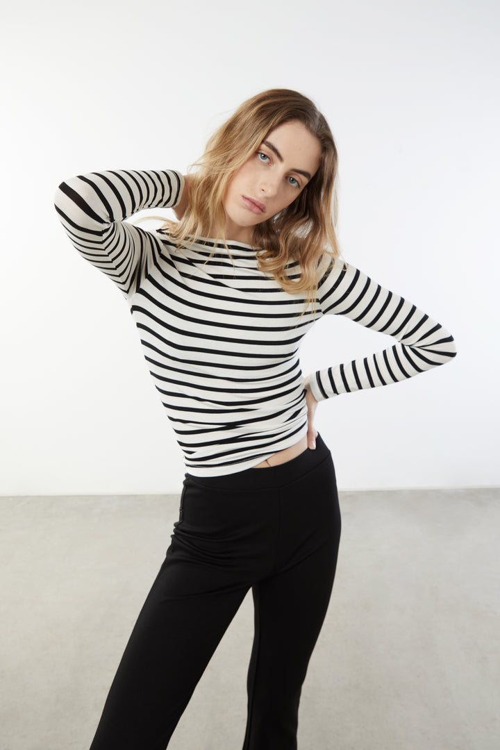 STRIPED LONG SLEEVE TOP in Black stripe — alternate angle