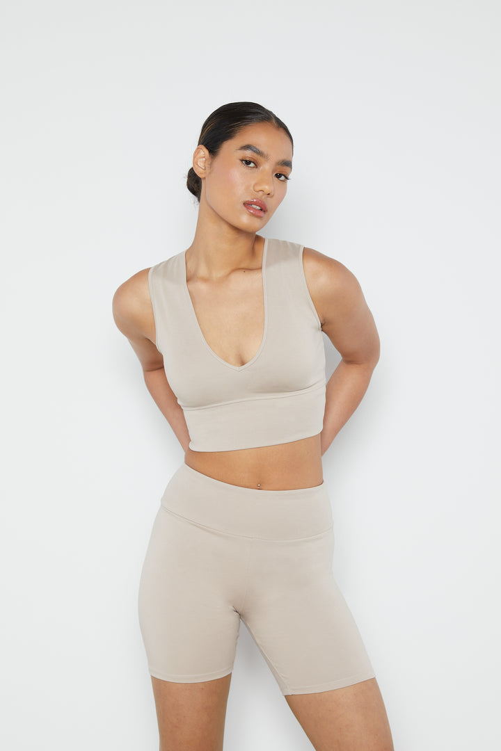 V-NECK CROPPED TANK in Taupe — alternate angle