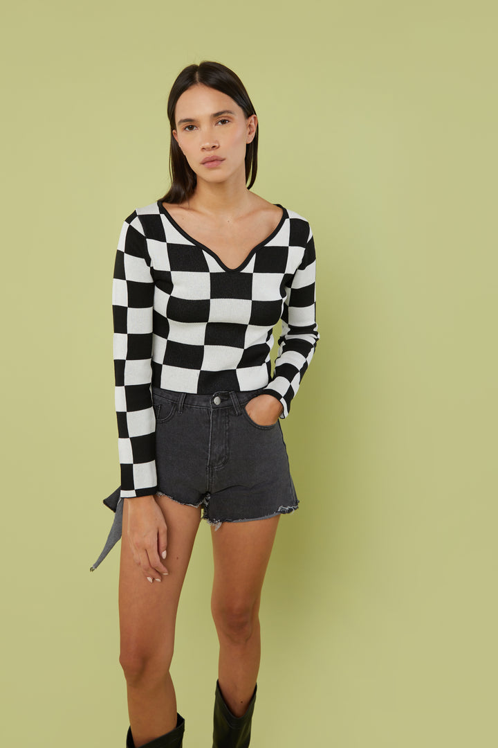 CHECKERED V-NECK TOP in Black Checker — alternate angle