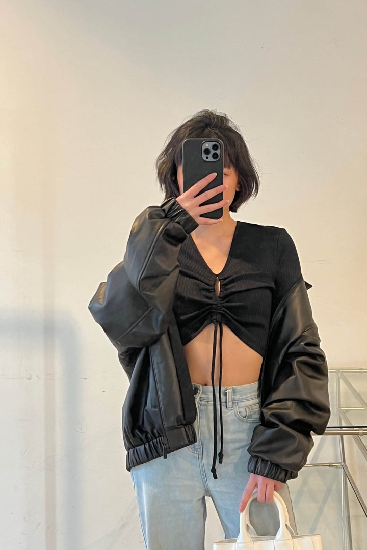 CROPPED LONG SLEEVE TOP WITH CUTOUT DRAWSTRING DETAIL in Black — alternate angle