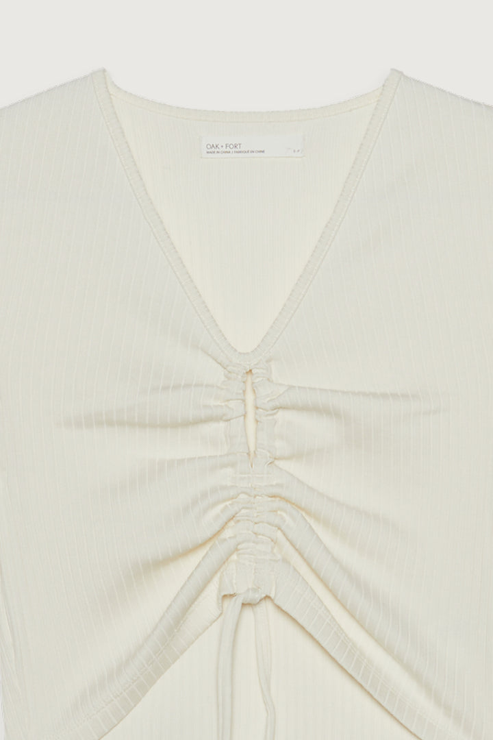 CROPPED LONG SLEEVE TOP WITH CUTOUT DRAWSTRING DETAIL in Cream — alternate angle