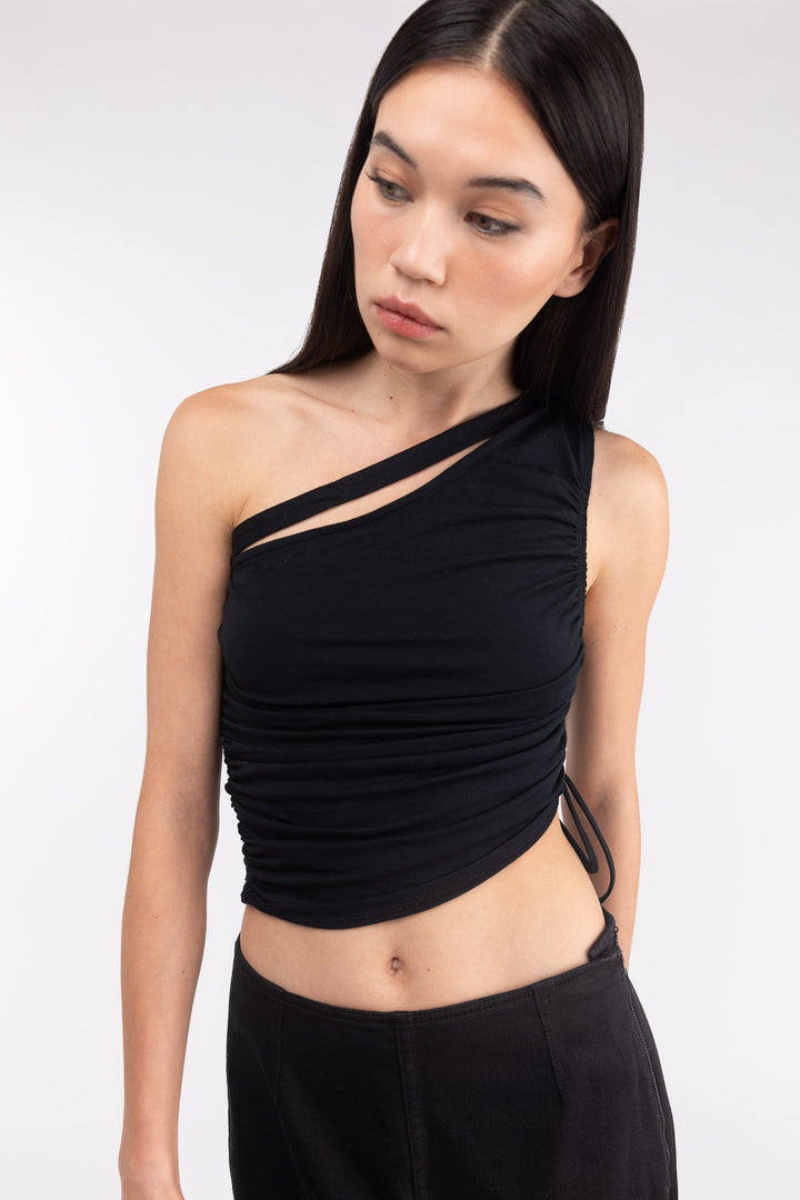 ONE SHOULDER SIDE RUCHED TOP in Black — alternate angle