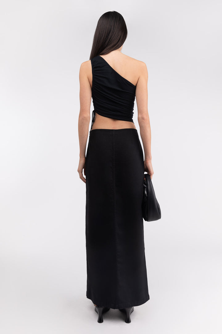 ONE SHOULDER SIDE RUCHED TOP in Black — alternate angle
