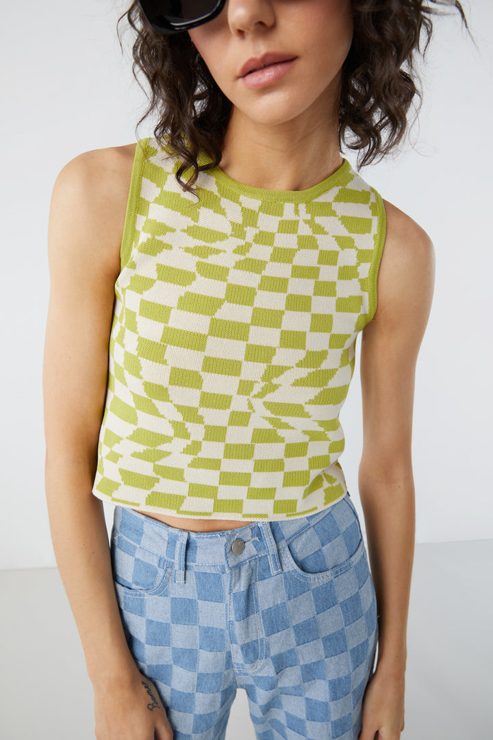 CHECKERED KNIT TANK in Lentil Sprout — alternate angle