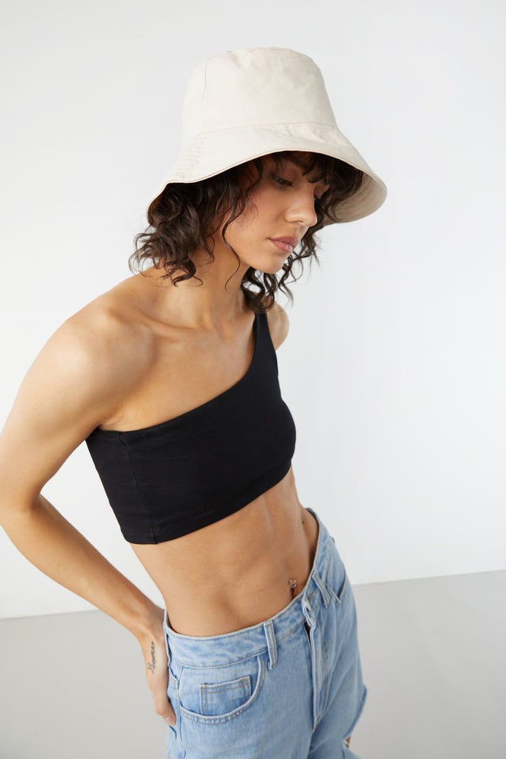 ONE SHOULDER CROPPED TANK in Black — alternate angle