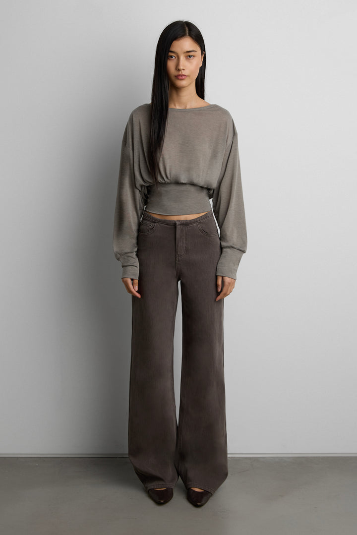 GATHERED WAIST LONG SLEEVE TOP in Gray — alternate angle