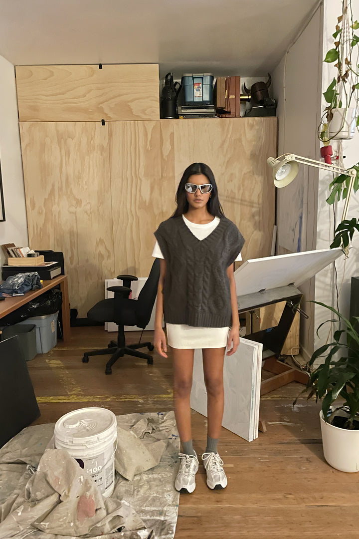 CABLE KNIT VEST in Black — alternate angle
