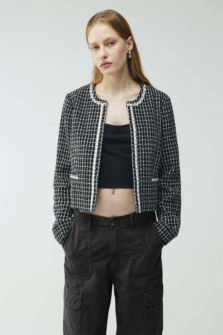 TWEED COLLARLESS BLAZER in Black Cream Grid — alternate angle