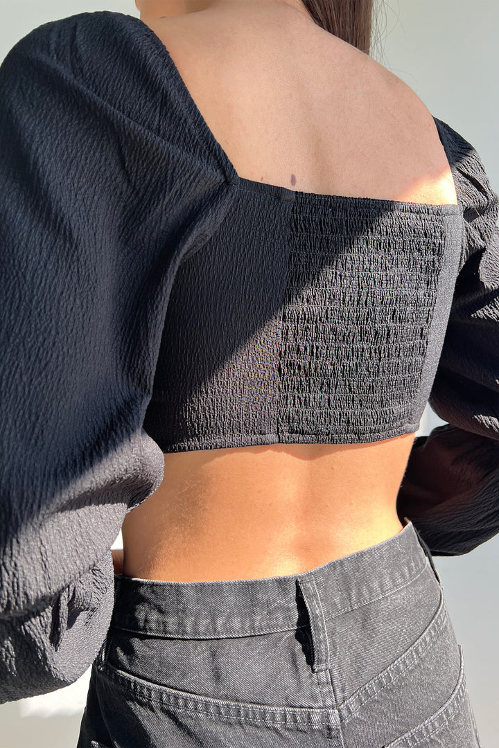 CROPPED PUFF SLEEVE TOP in Black — alternate angle