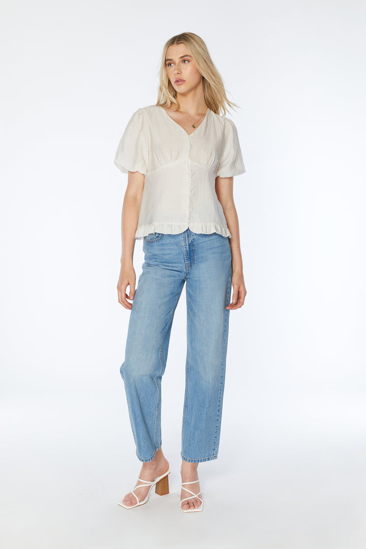 PUFF SLEEVE BUTTON FRONT TOP in Cream — alternate angle