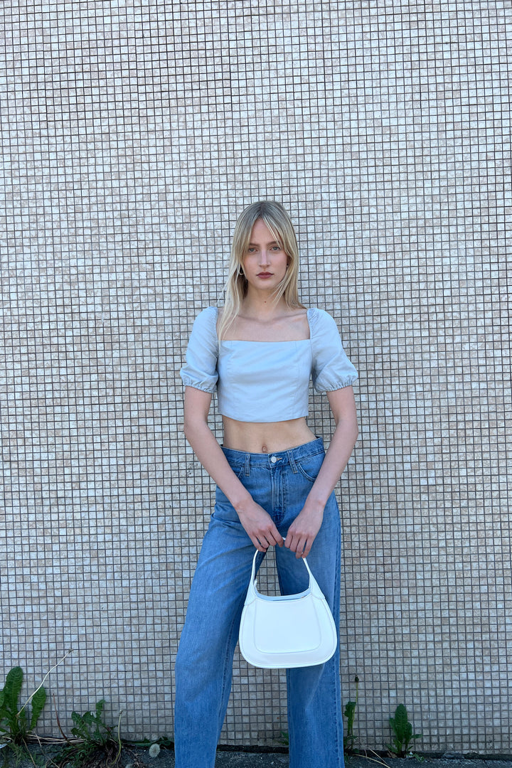 LINEN BLEND PUFF SLEEVE BLOUSE in Pearl Blue — alternate angle