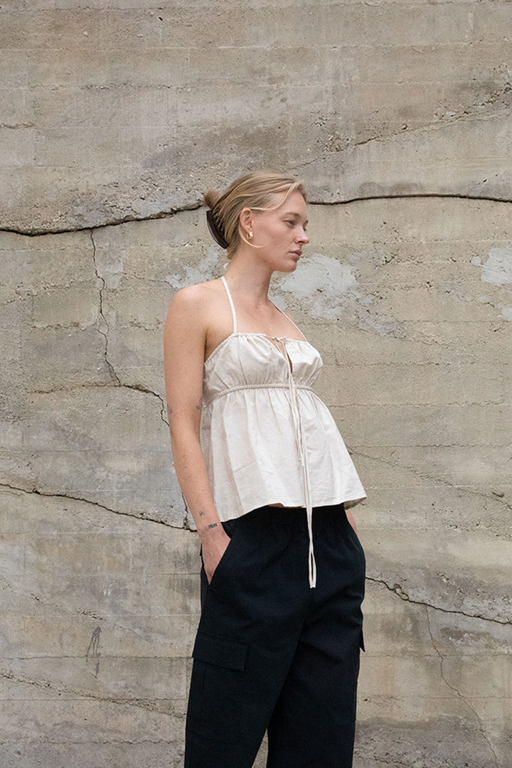 LINEN BLEND TIE FRONT TANK in Birch — alternate angle