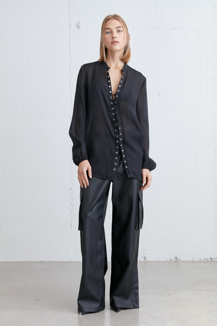 LACE-UP CHIFFON BLOUSE in Black — alternate angle