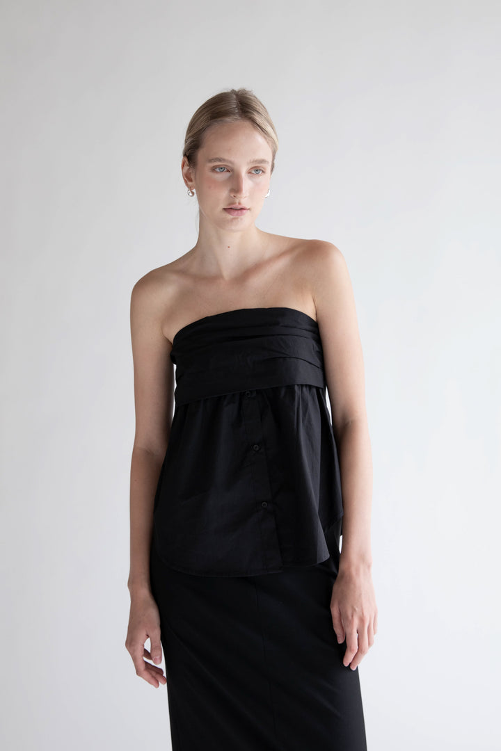 WOVEN TUBE TOP WITH GATHER DETAIL in Black — alternate angle