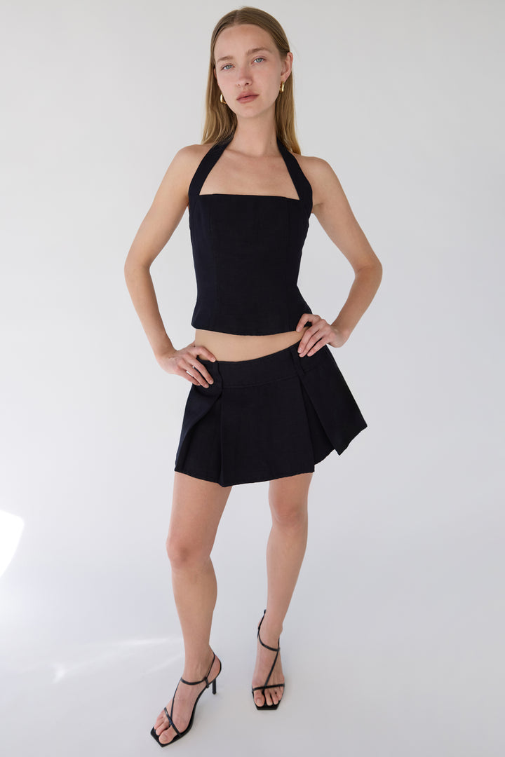 LINEN BLEND HALTER SQUARE NECK TOP in Black — alternate angle