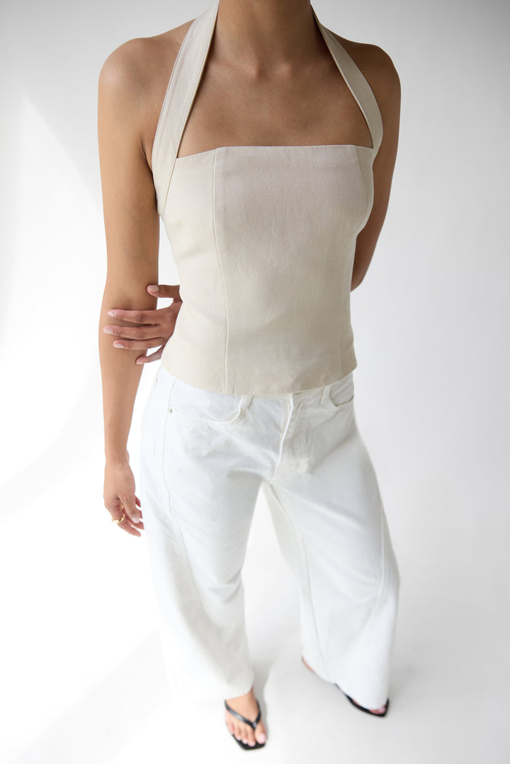 LINEN BLEND HALTER SQUARE NECK TOP in Seashell — alternate angle