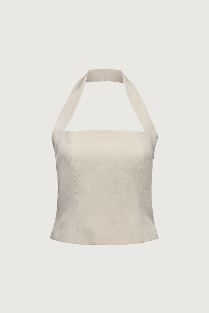 LINEN BLEND HALTER SQUARE NECK TOP in Seashell — alternate angle
