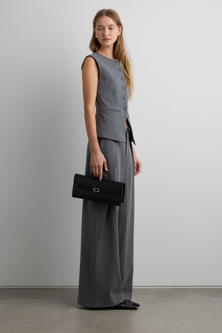 HIGH NECKLINE BUTTON UP VEST in Dark Heather Grey — alternate angle