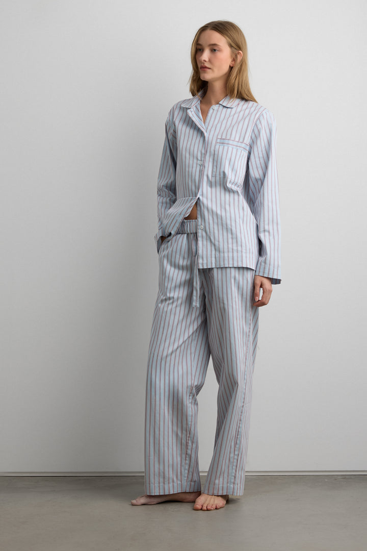 STRIPED BUTTON UP PAJAMA SHIRT in Light Blue Red Stripe — alternate angle