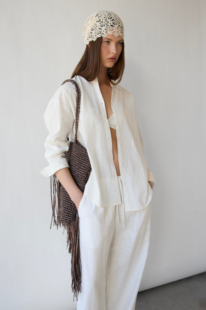 LINEN BLEND BUTTON UP SHIRT in White — alternate angle
