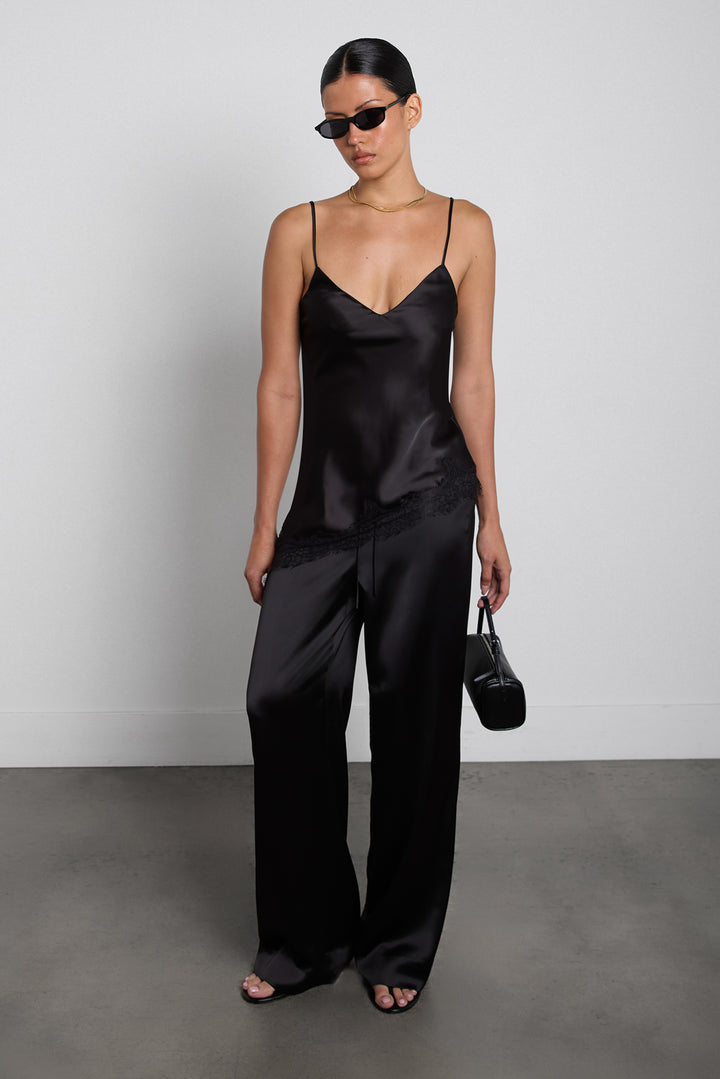 ASYMMETRICAL SATIN LACE TRIM TANK TOP in Black — alternate angle