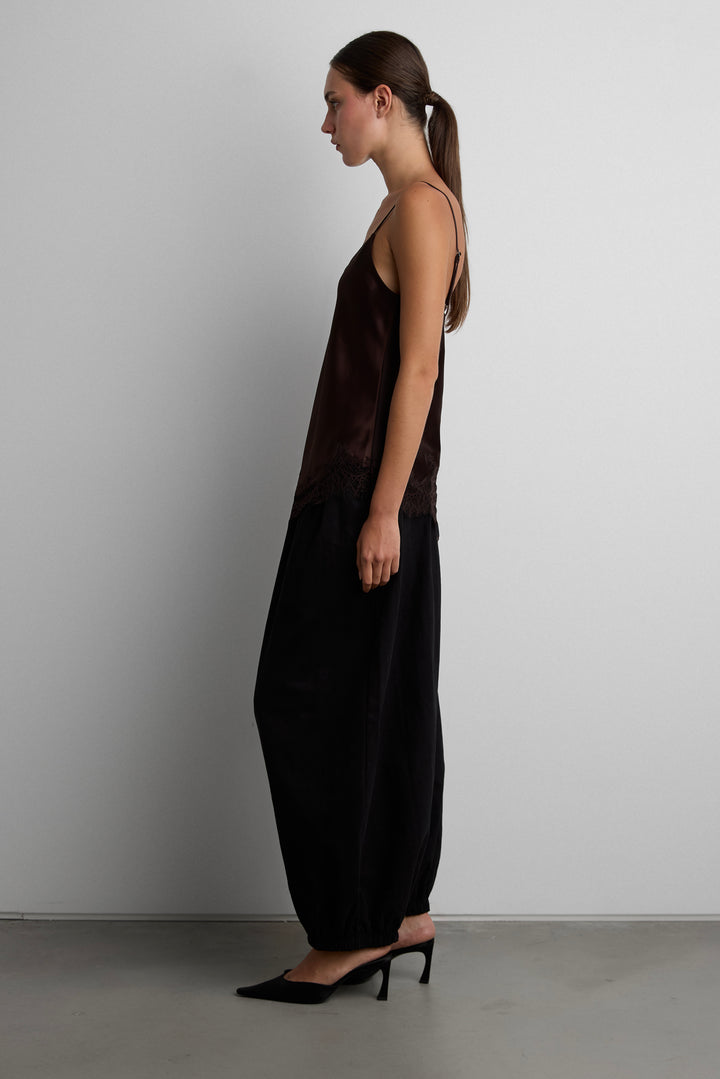 ASYMMETRICAL SATIN LACE TRIM TANK TOP in Coffee Bean — alternate angle