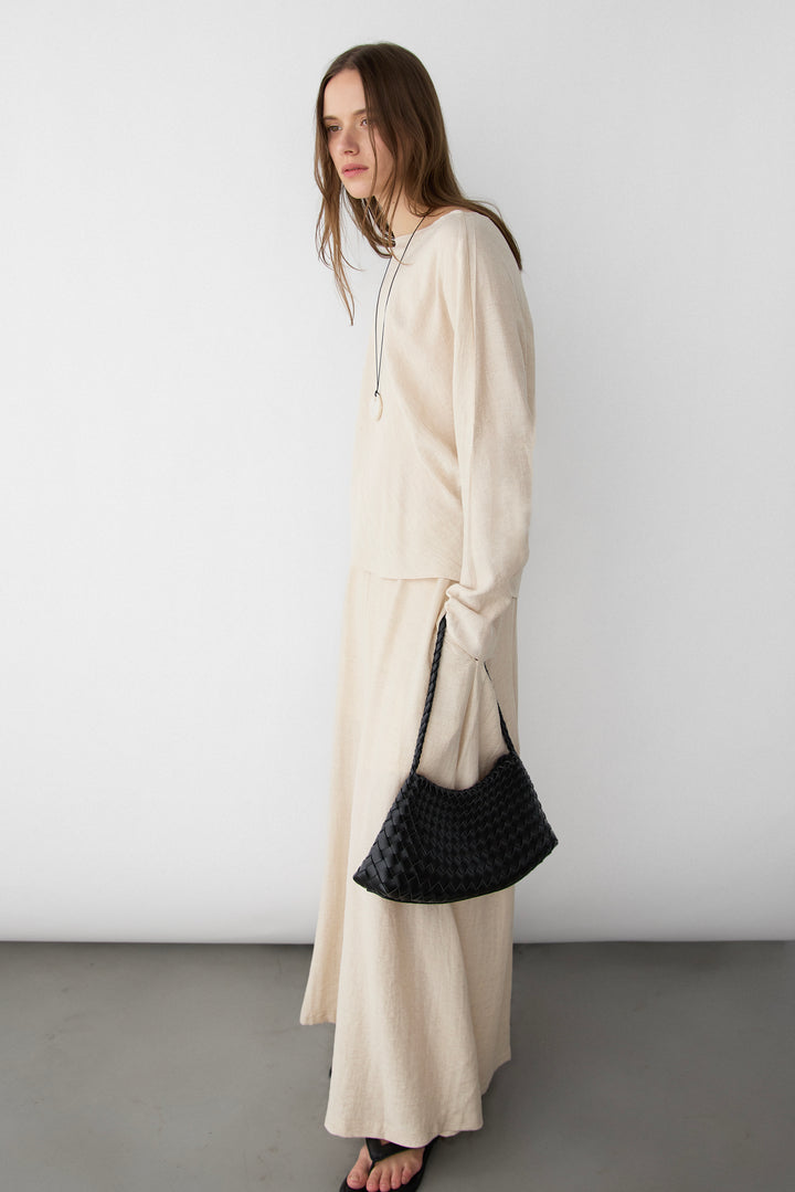 TEXTURED BOAT NECK DROP SLEEVE BLOUSE in Beige — alternate angle