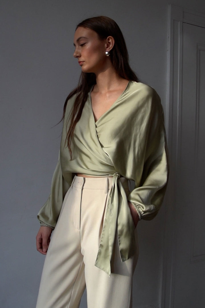 SATIN WRAP BLOUSE in Alfalfa — alternate angle