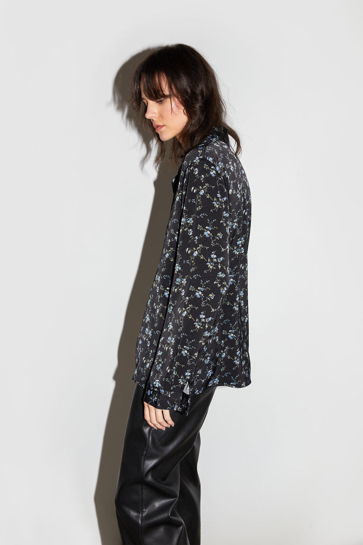 PRINTED SATIN BUTTON-UP BLOUSE in Black Blue Floral — alternate angle