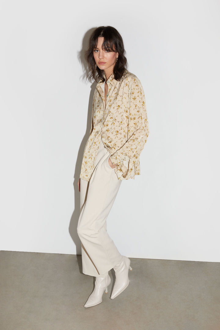PRINTED SATIN BUTTON-UP BLOUSE in Brown Rice Floral — alternate angle