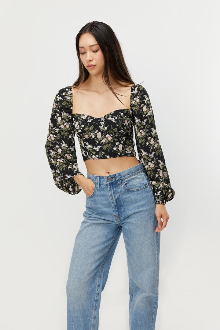 FLORAL PUFF SLEEVE TOP in Black Floral — alternate angle