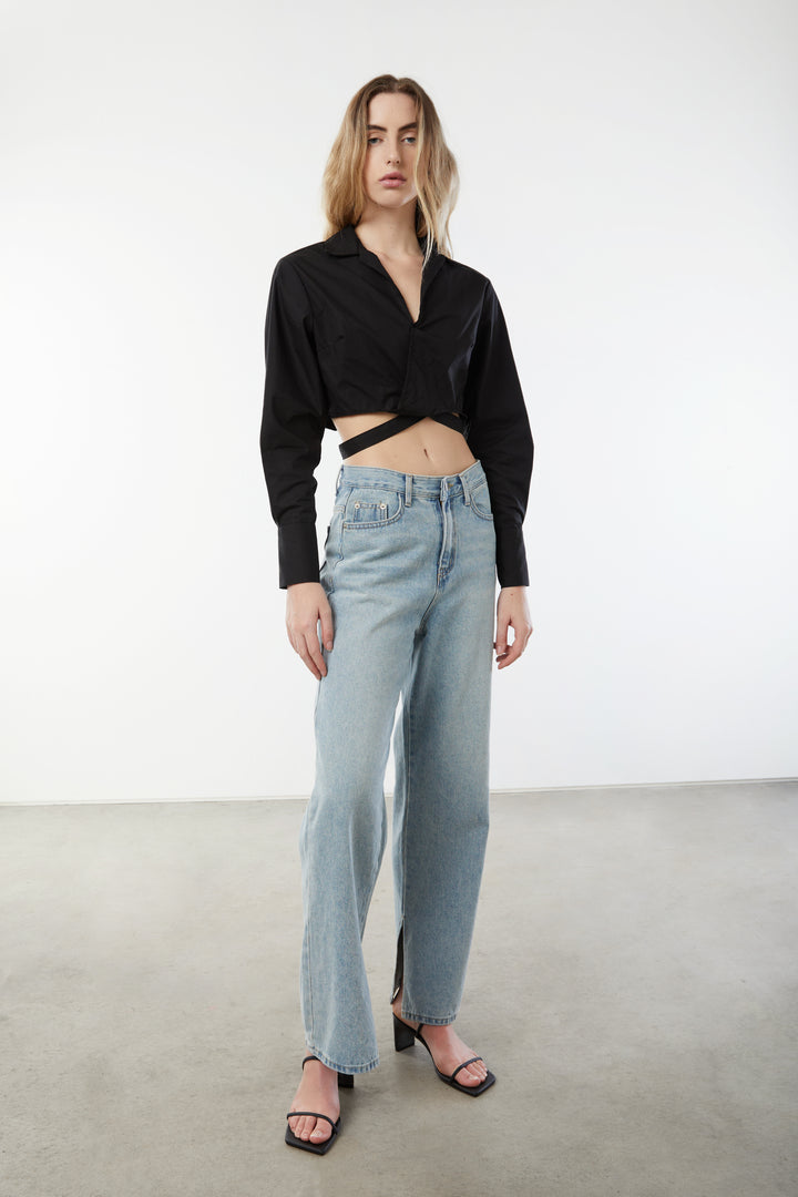 CROPPED WRAP SHIRT in Black — alternate angle
